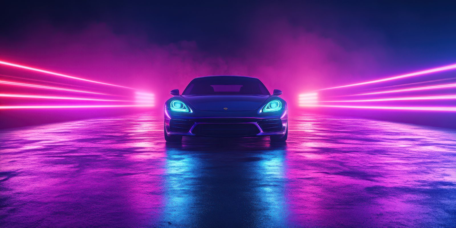 High-performance car illuminated by neon lights in an urban setting at night showcasing a vibrant atmosphere